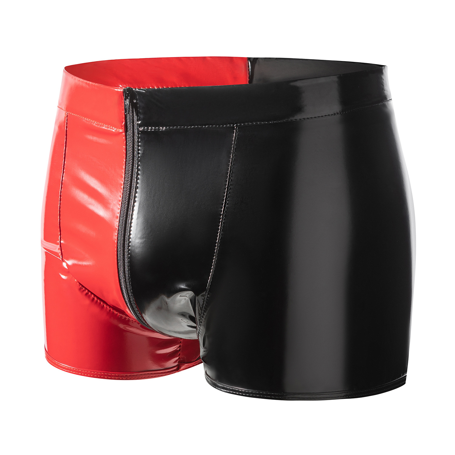 Men's Glossy PVC Boxer Shorts, Black Red Contrast Patent Leather Sexy Shorts - Image 3