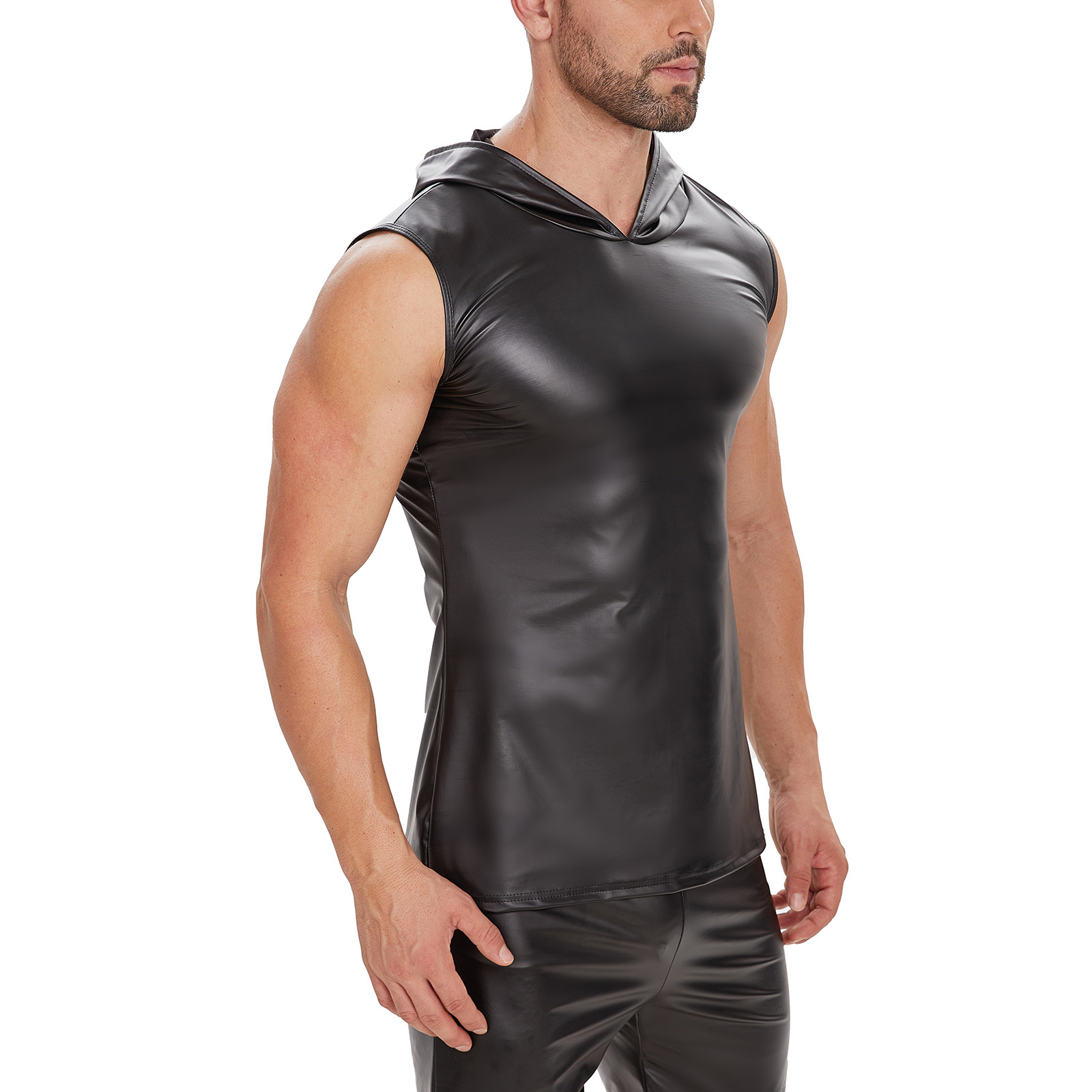 Men's Matte Faux Leather Hooded Vest, Soft Patent Sleeveless Slim Fit Tank Top - Image 3