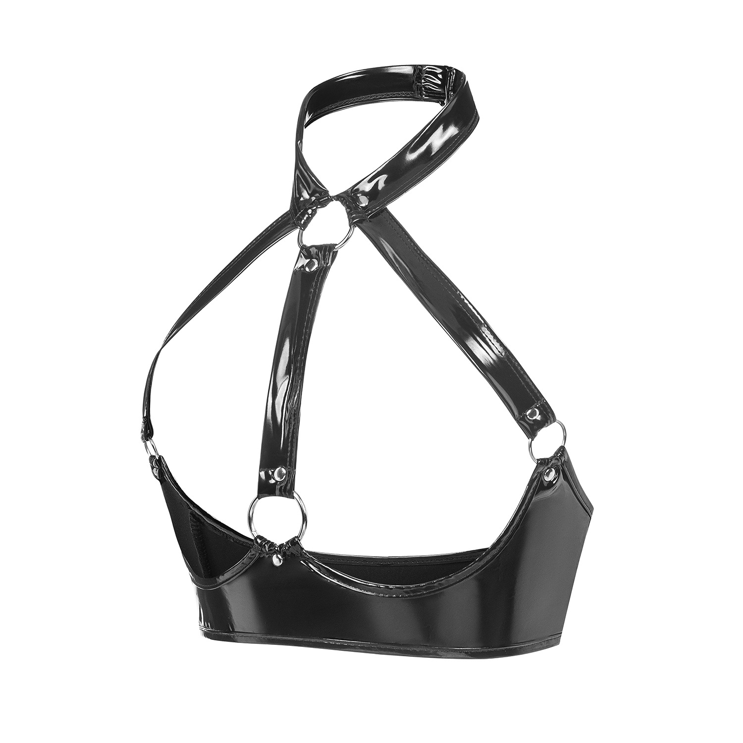 Women Wetlook PVC Cutout Bra Top with O-Ring Harness Detail - Image 2