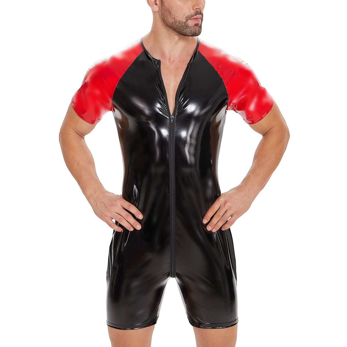 Men PVC Shiny Short Sleeve Bodysuit, Zipper Front Catsuit - Image 4