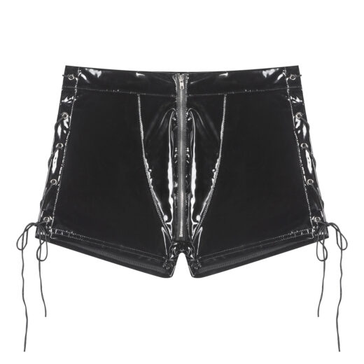 Men Shiny PVC Lace-up Side Shorts with Zipper