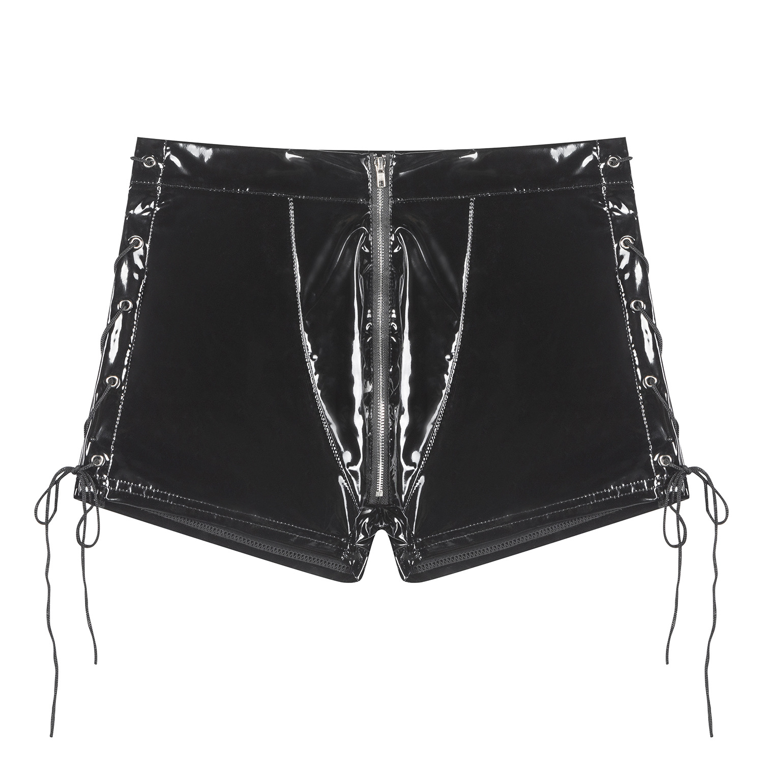 Men Shiny PVC Lace-up Side Shorts with Zipper