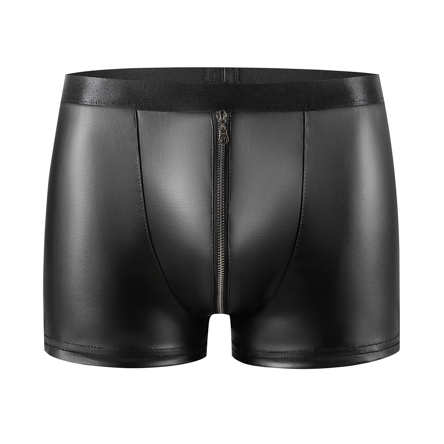 Men Matte PU Boxer Briefs with Front Zipper Open Crotch - Image 2