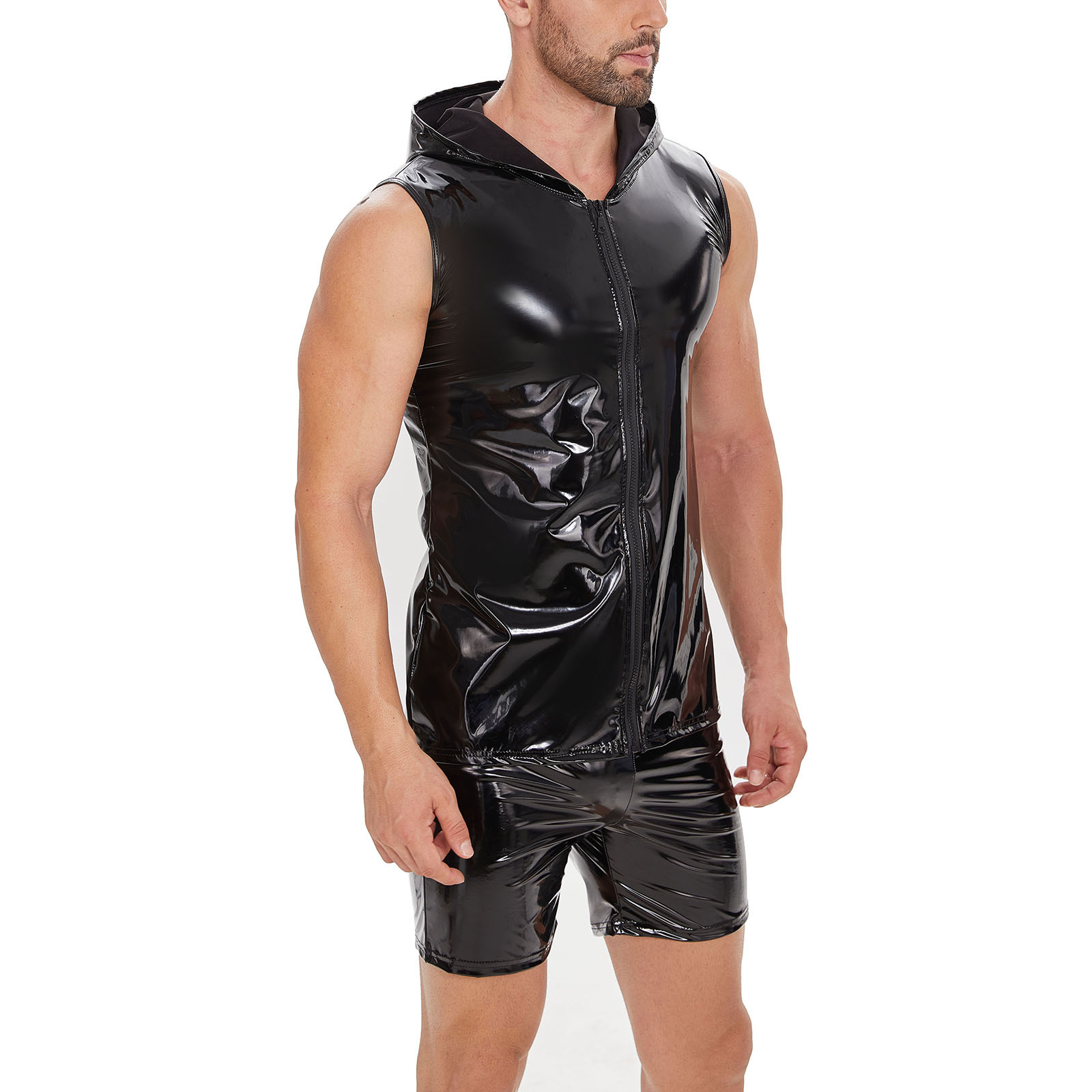 Men Shiny PU Hooded Sleeveless Vest - Image 4