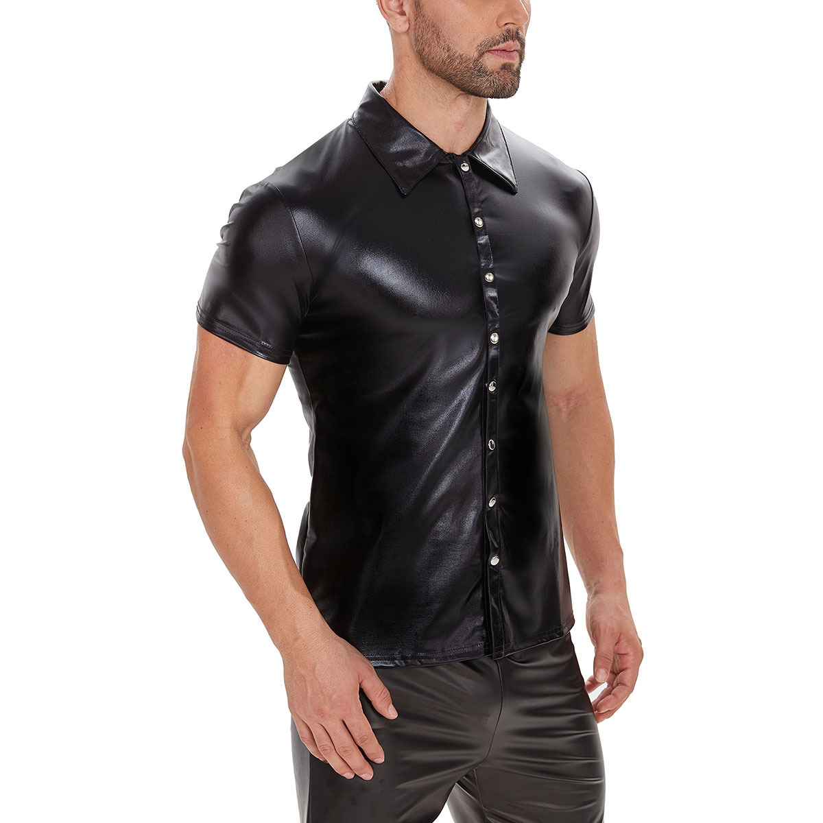 Men Shiny PVC Short Sleeve Button Shirt - Image 4