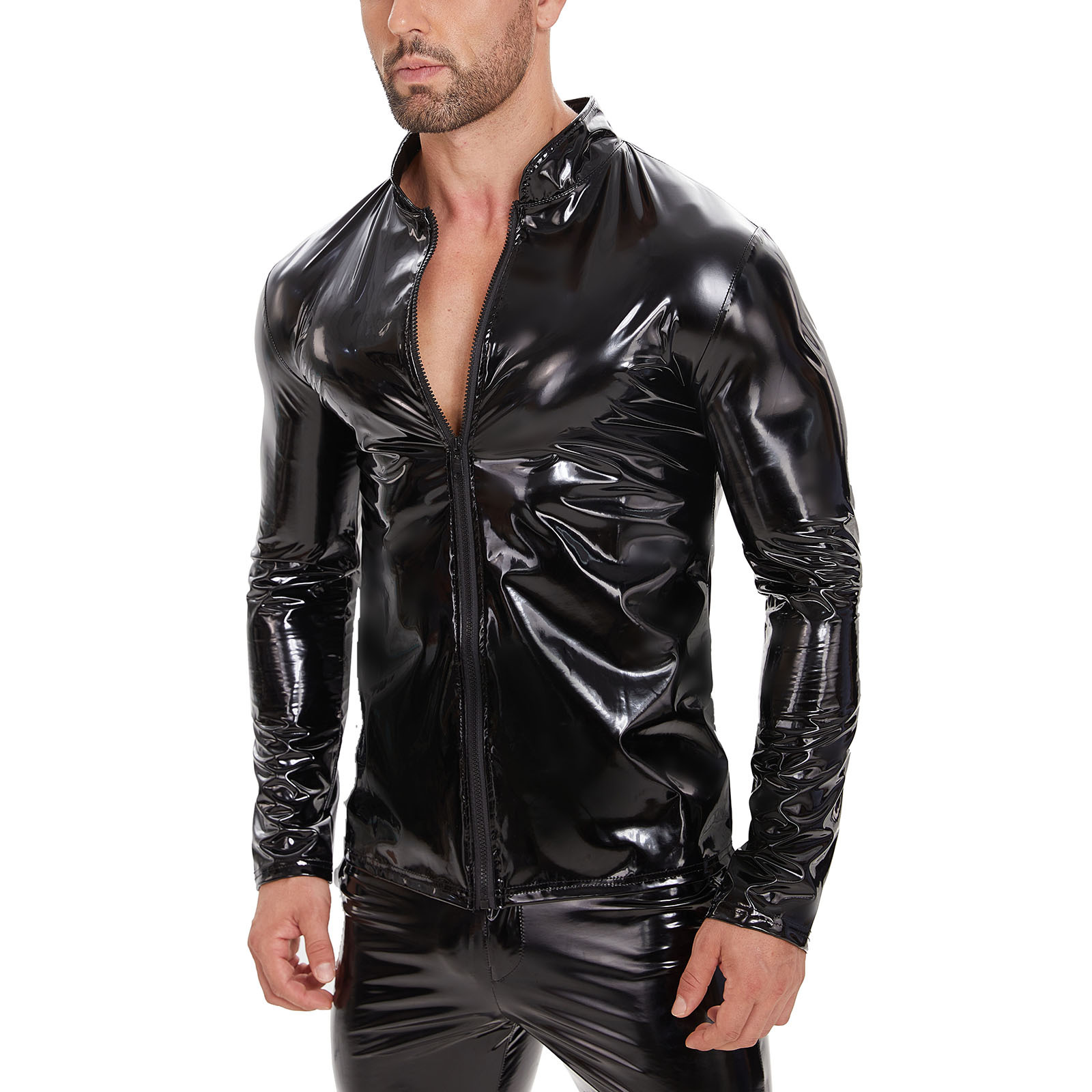 Men Shiny PU Long Sleeve Zip Stand Collar Jacket - Image 4