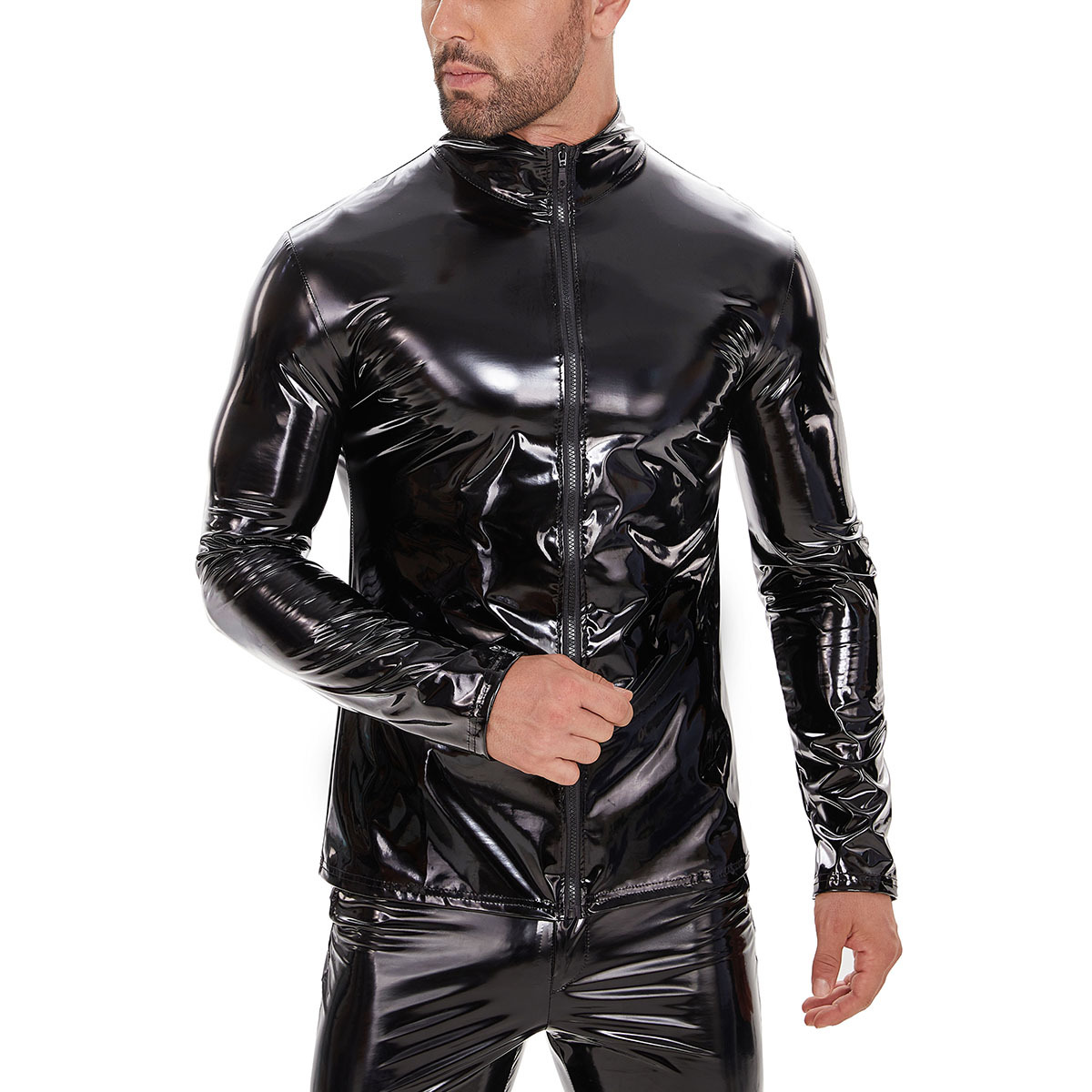 Men Wetlook PVC Long Sleeve Zip Front Top - Image 4