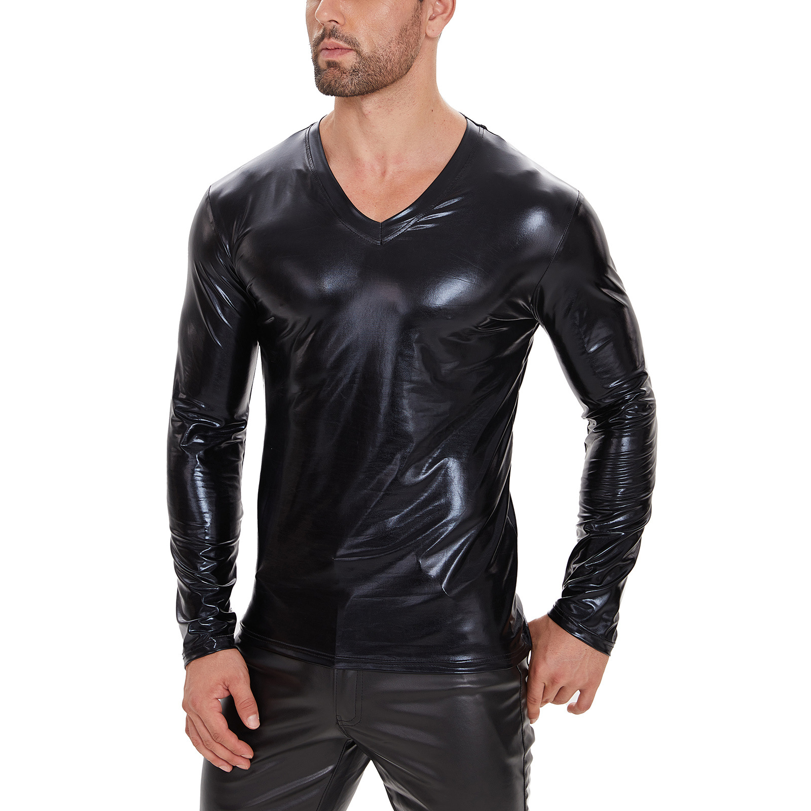 Men Shiny PU V-Neck Long Sleeve Wetlook T-Shirt - Image 4
