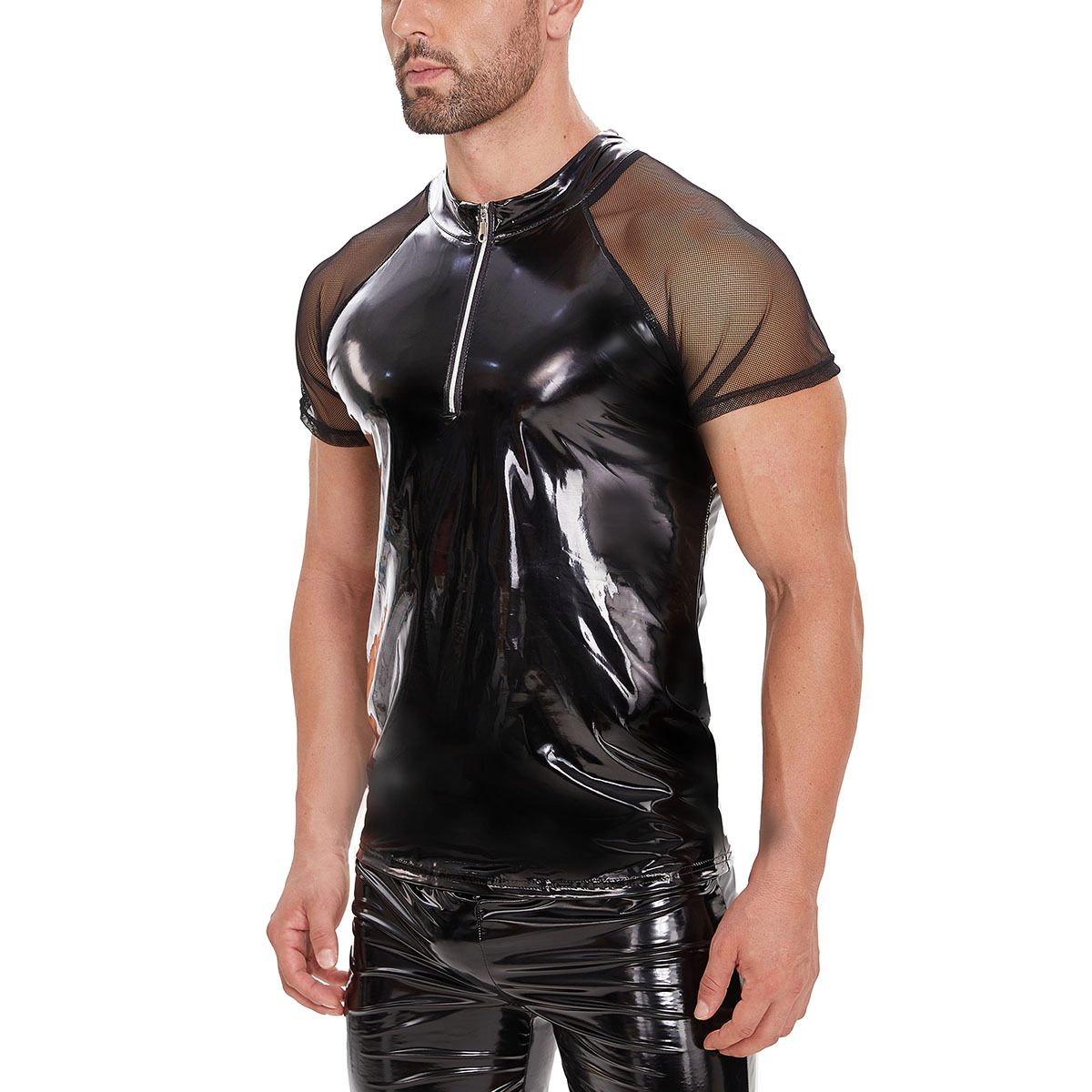 Men Shiny PVC Short Sleeve Top with Mesh Shoulders & Front Zipper - Image 2