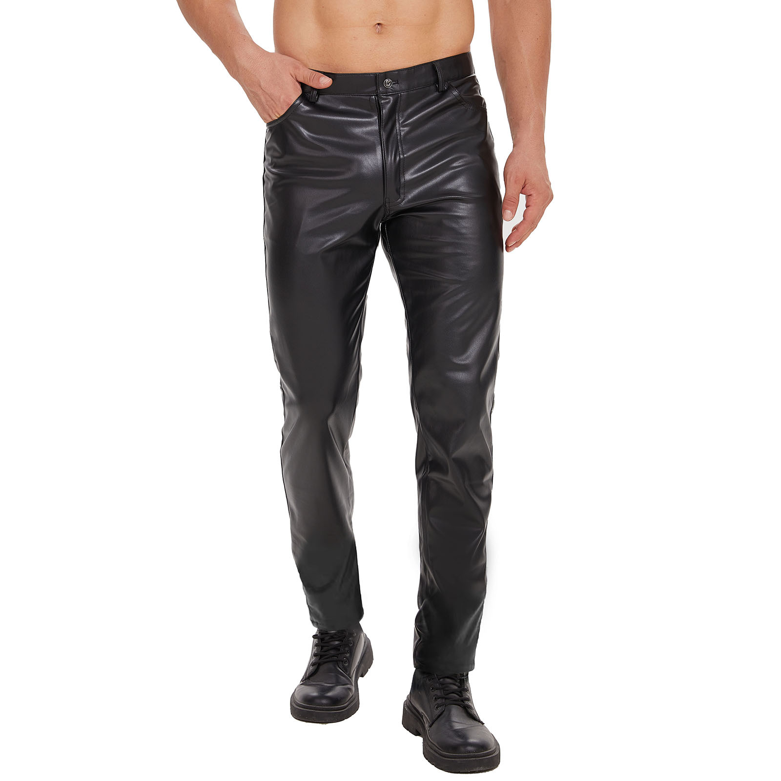Men Matte PU Long Pants with Zip Open Crotch - Image 4