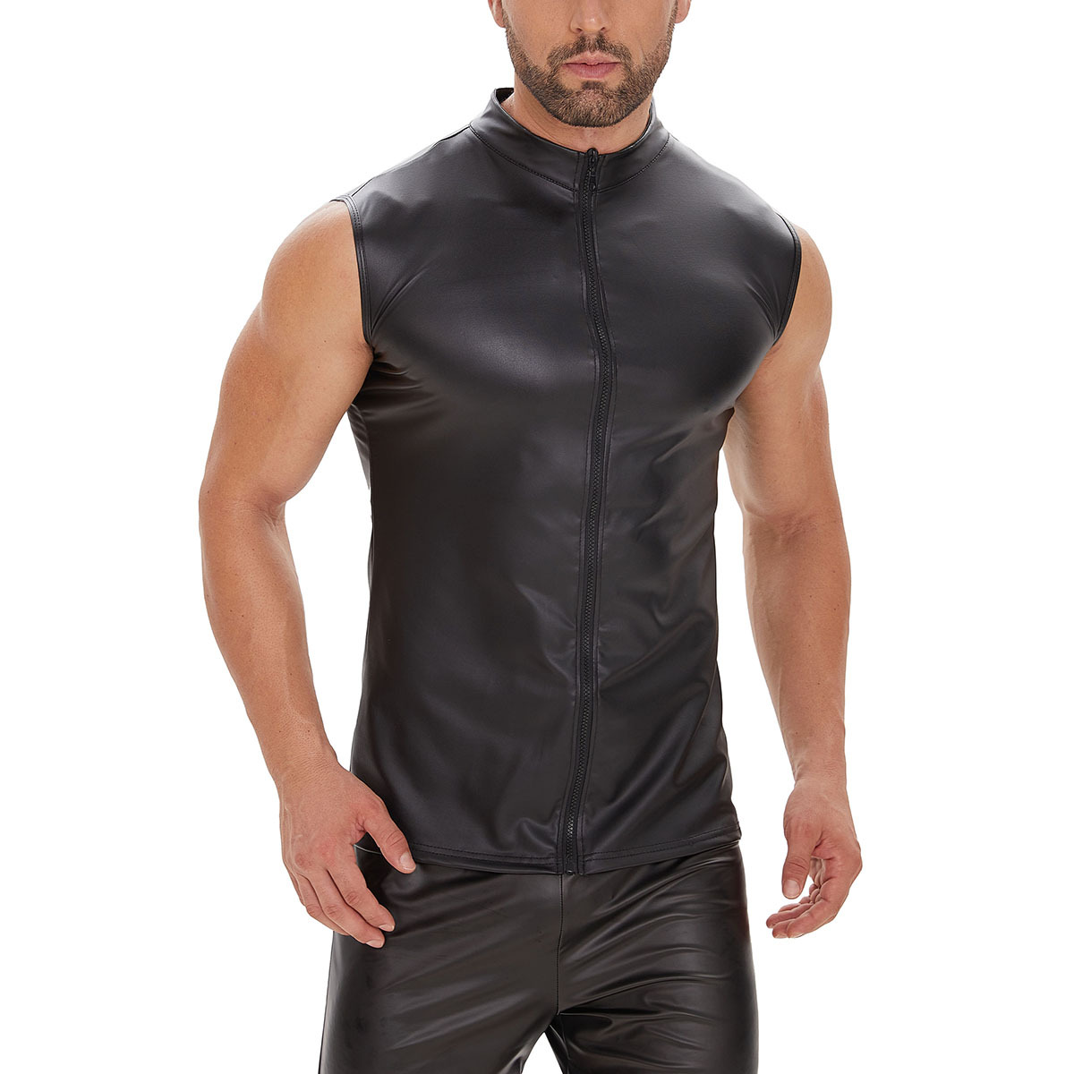 Men Matte PU Sleeveless Zip Front Vest - Image 4