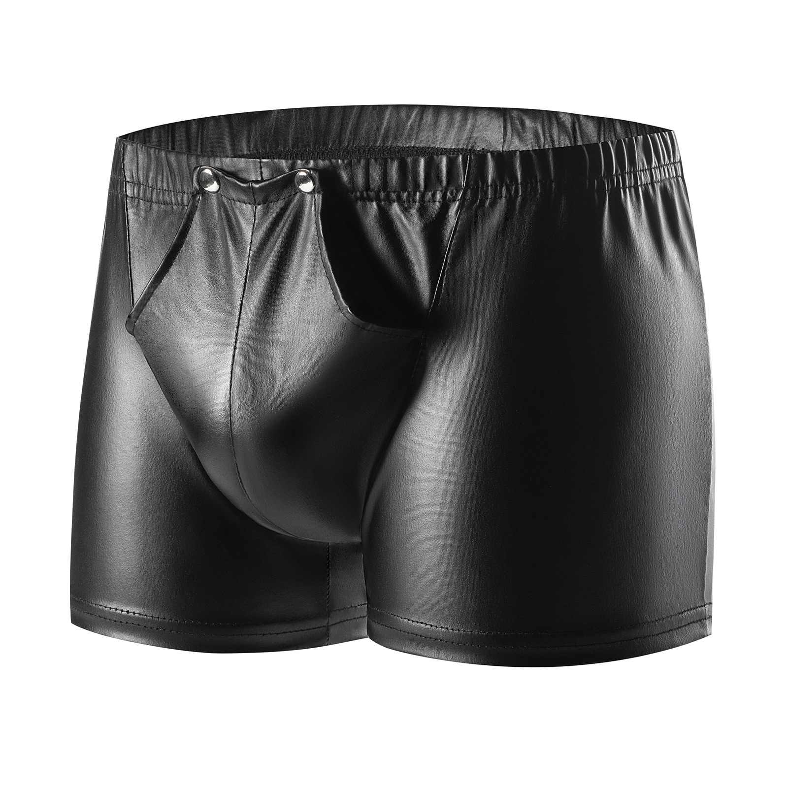 Men's Matte Faux Leather Boxer Shorts, Open Crotch Soft Leather Shorts