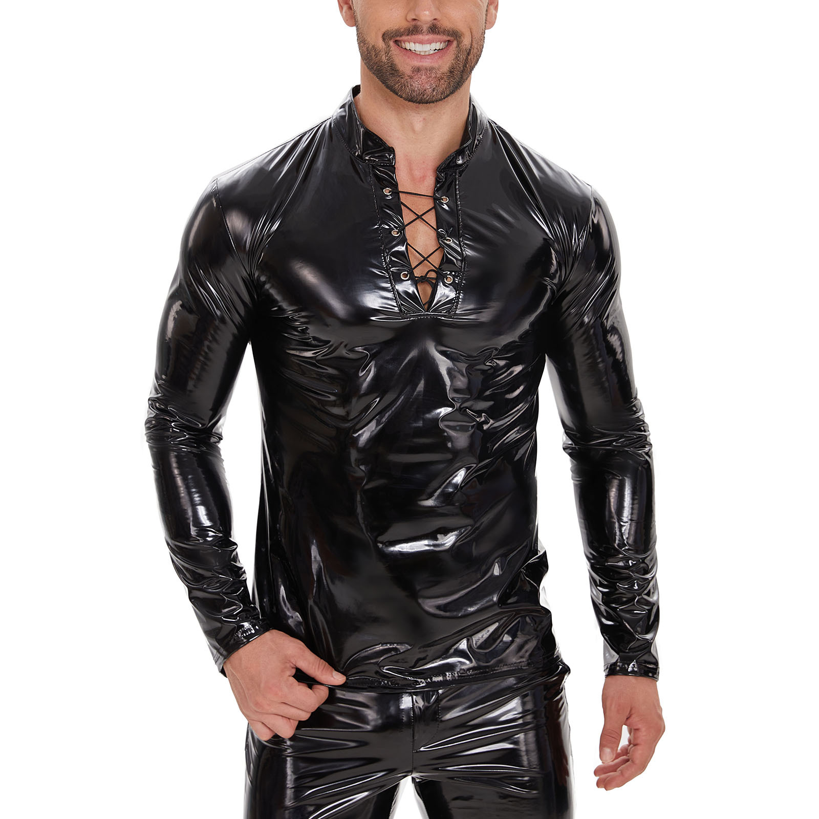 Men's Mirror Shiny PU Long Sleeve Top, Lace-Up Stand Collar Shirt
