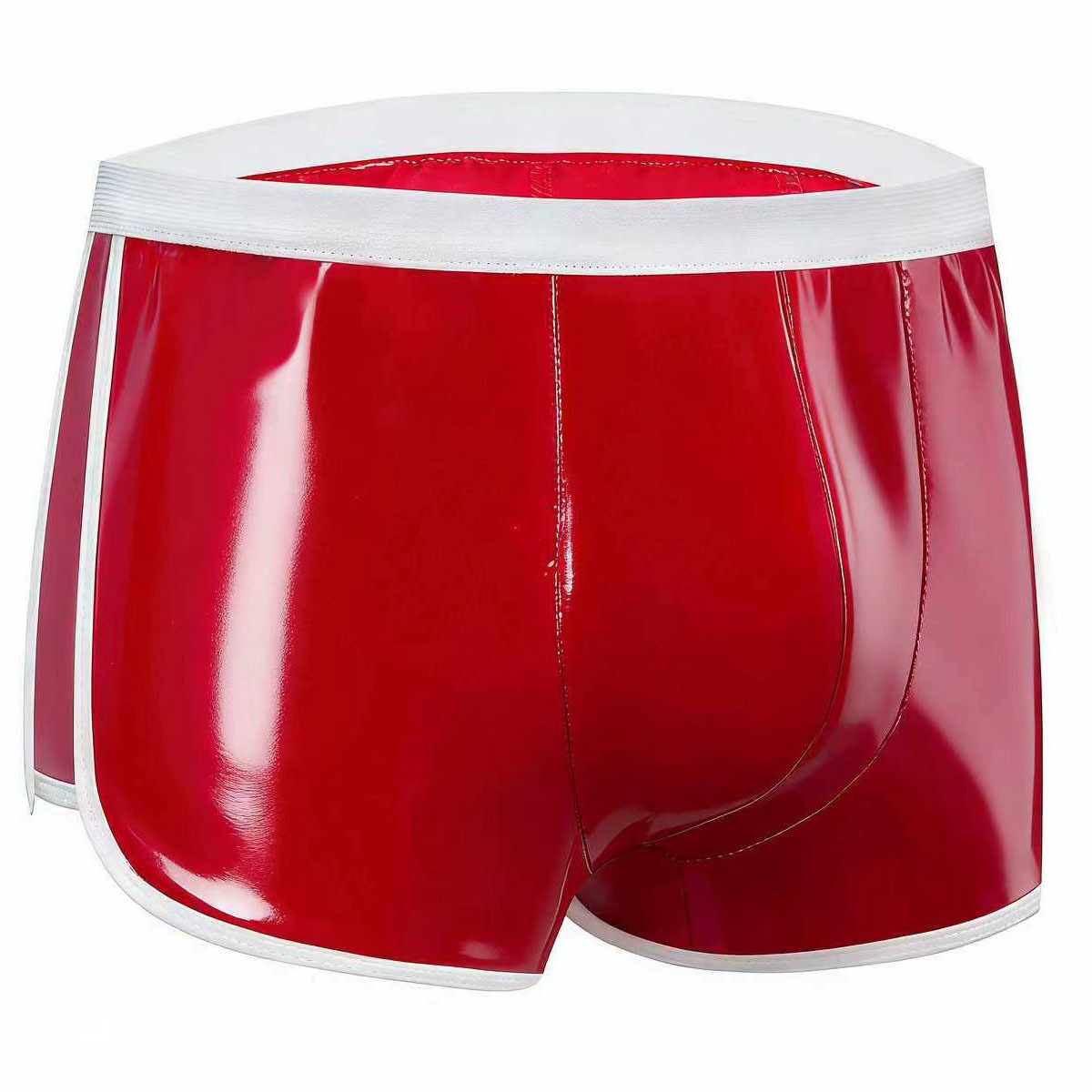Men's Shiny PVC Boxer Shorts, Red With White Trim Wet Look Shorts - Image 4