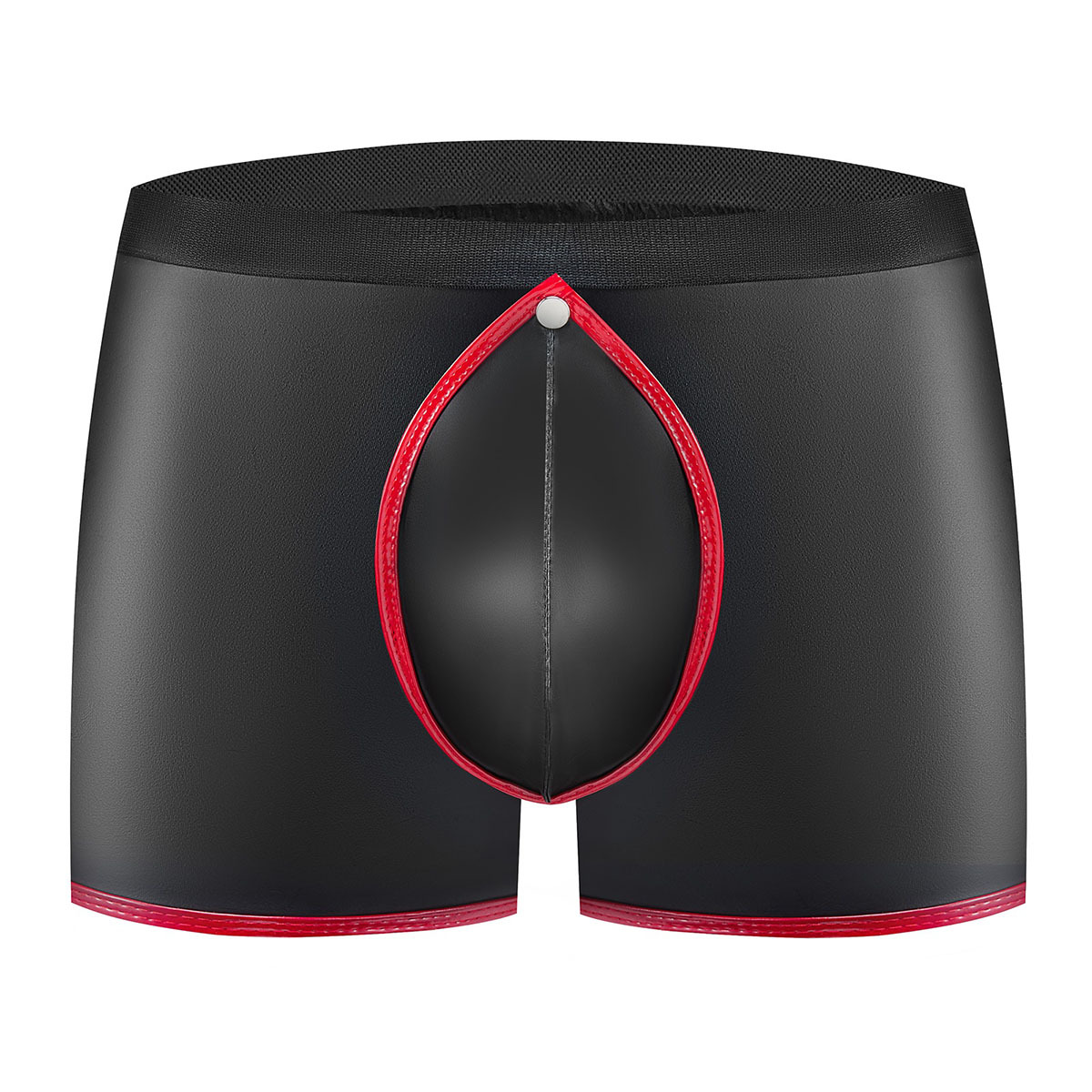 Men's Matte Soft Faux Leather Boxer Shorts, Snap Button Open Crotch Shorts - Image 2