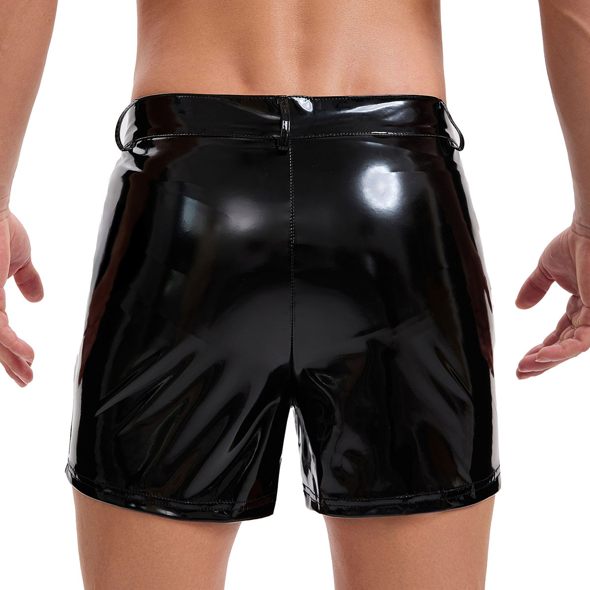 Men's Glossy PVC Shorts, Button Fly Design with Pockets Slim Fit Leather Shorts - Image 4