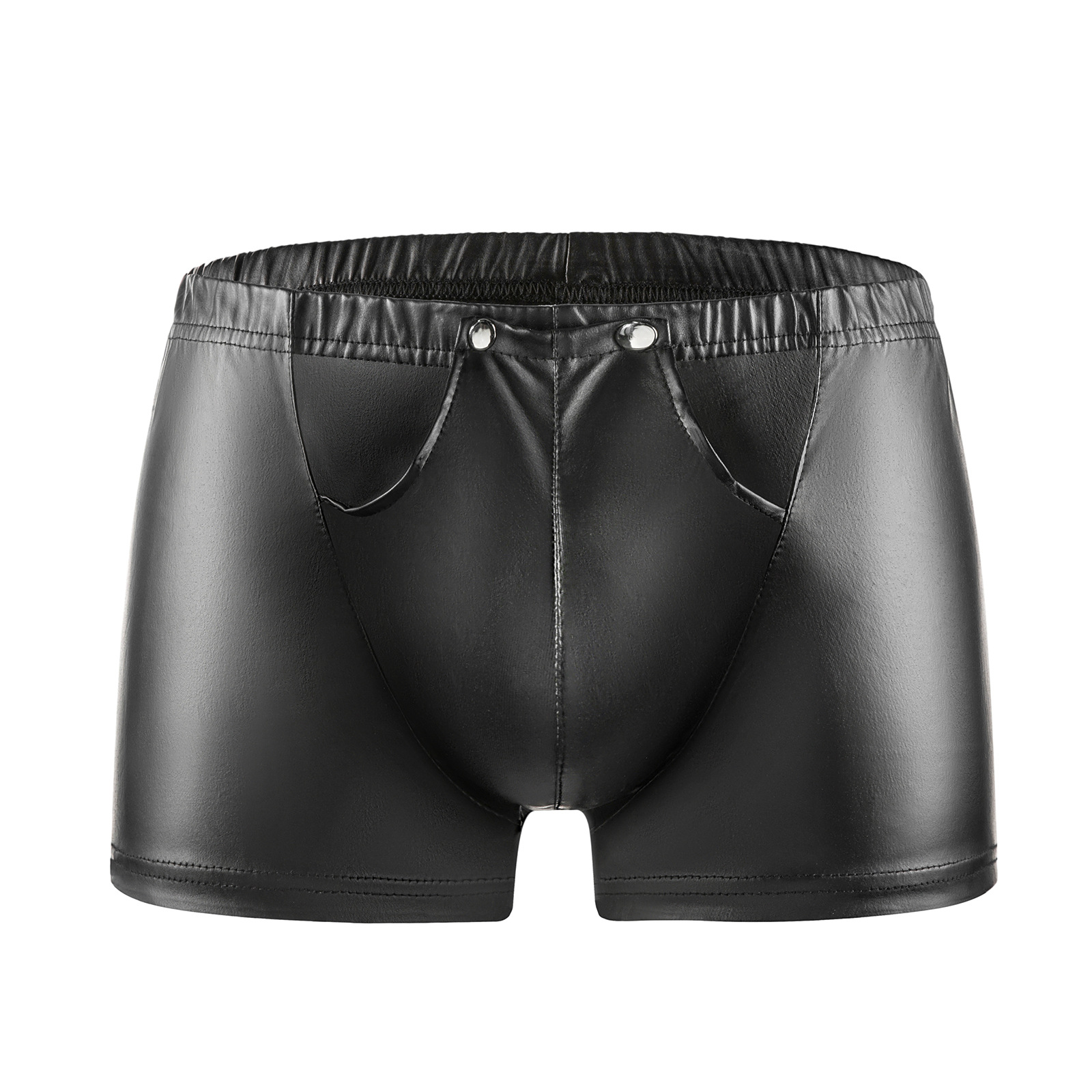 Men's Matte Faux Leather Boxer Briefs, White Zipper Open Crotch Sexy Leather Shorts - Image 3