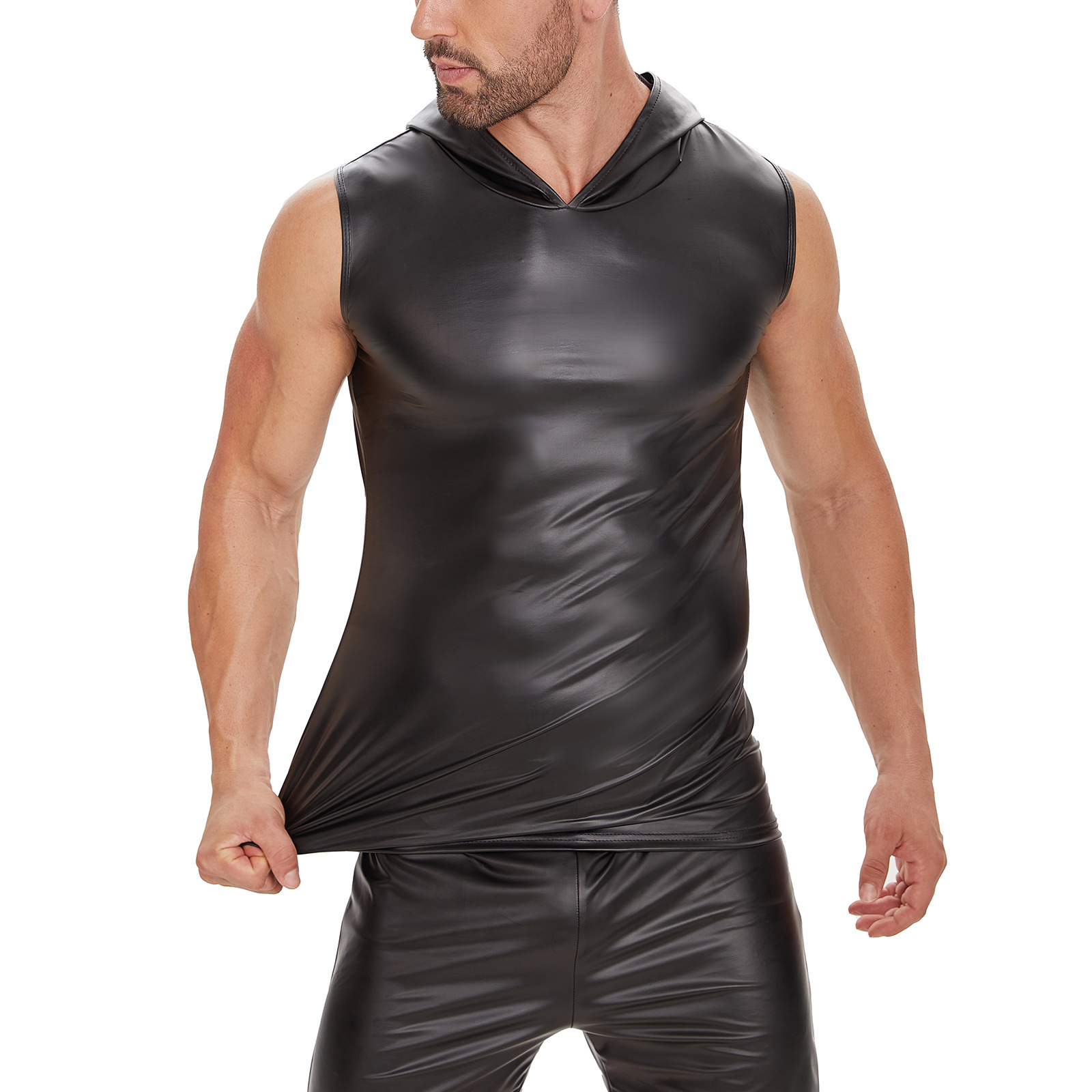 Men's Matte Faux Leather Hooded Vest, Soft Patent Sleeveless Slim Fit Tank Top - Image 4