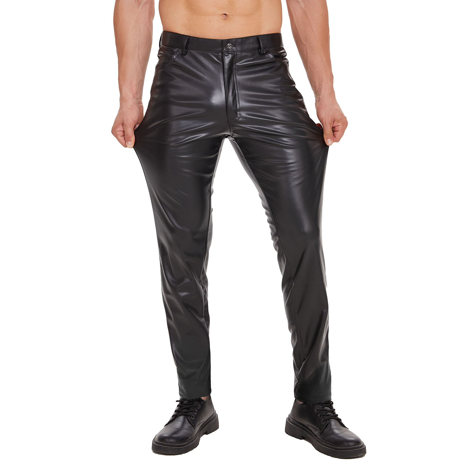 Men Matte PU Long Pants with Zip Open Crotch - Image 5