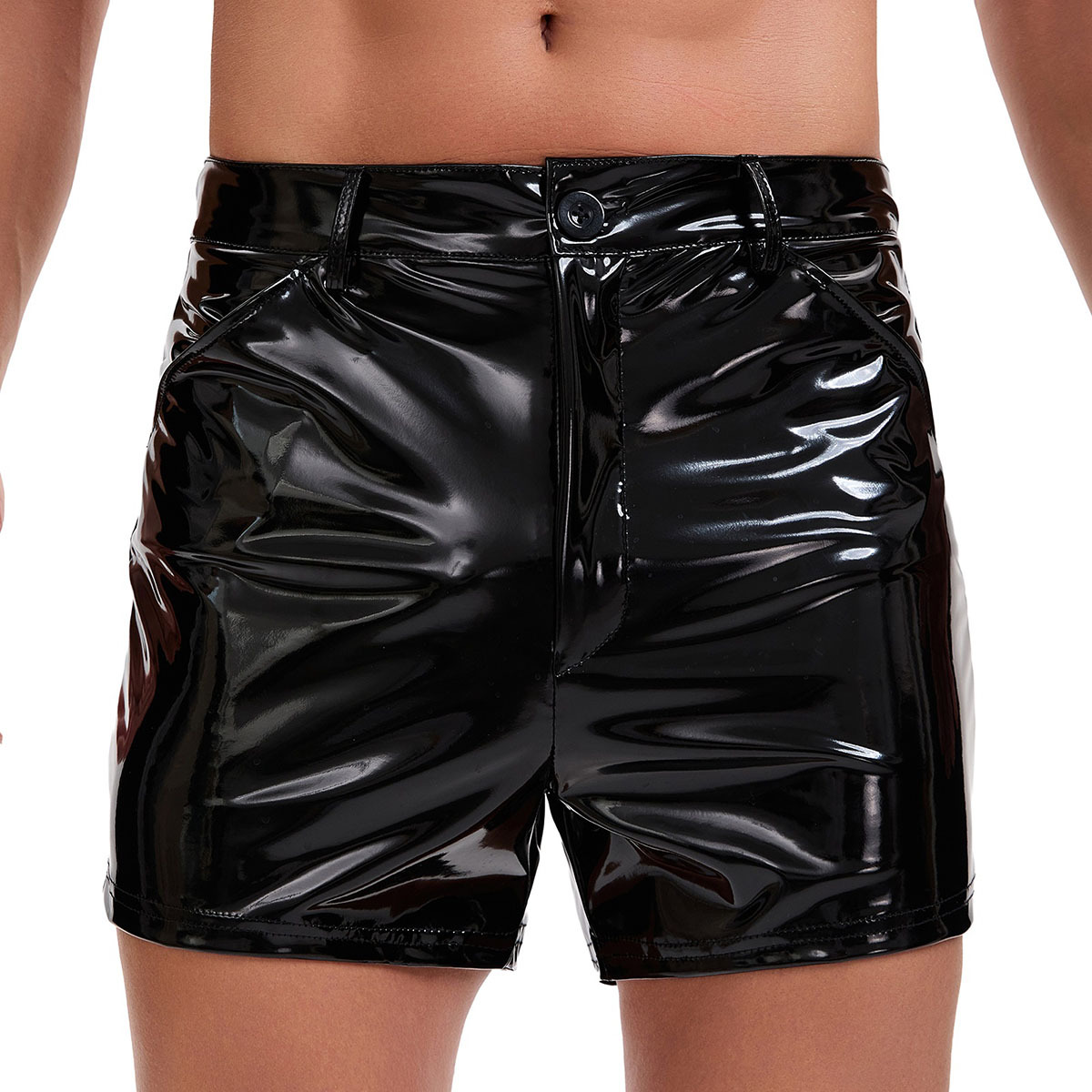 Men's Glossy PVC Shorts, Button Fly Design with Pockets Slim Fit Leather Shorts - Image 5