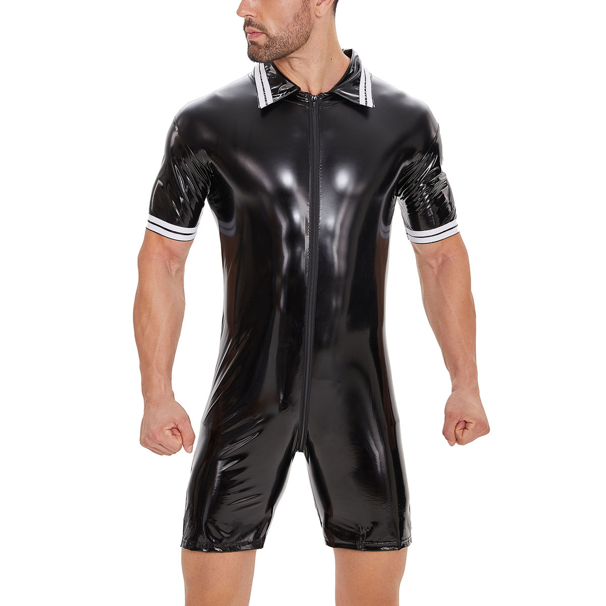 Men Wetlook PVC Short Sleeve Zip Bodysuit - Image 5