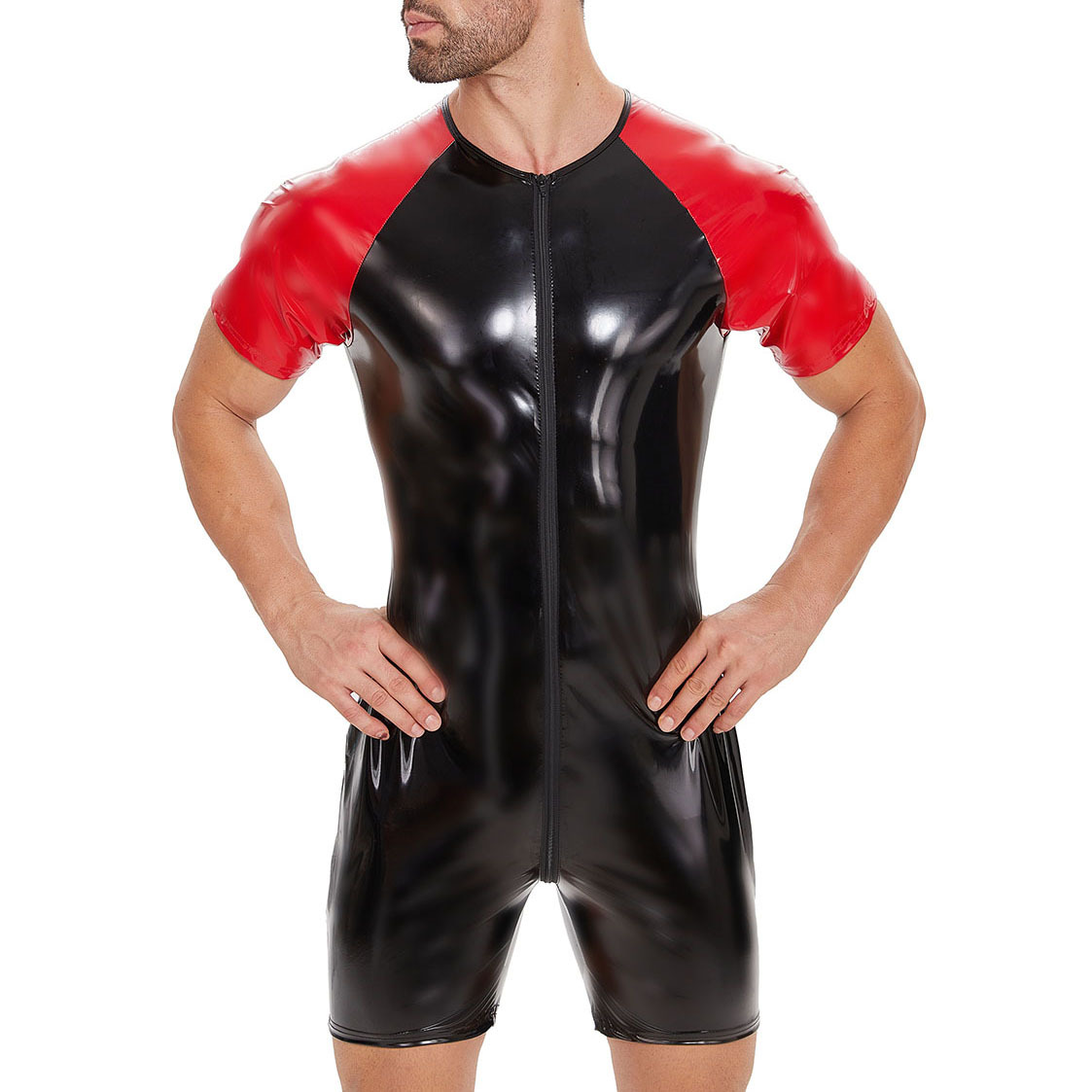 Men PVC Shiny Short Sleeve Bodysuit, Zipper Front Catsuit - Image 5