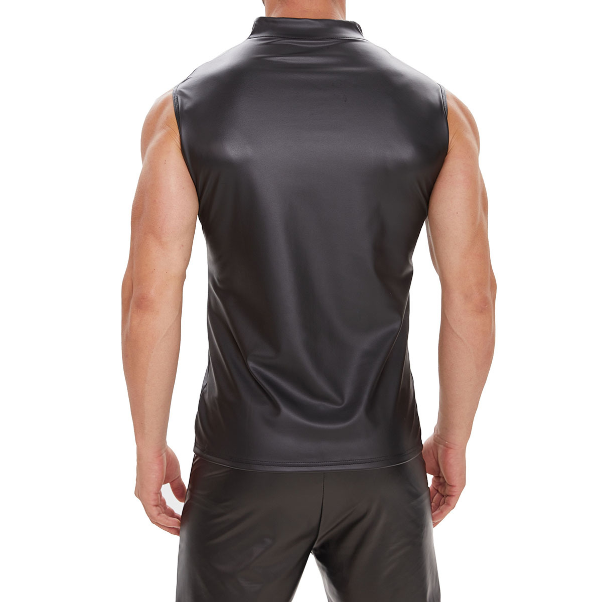 Men Matte PU Sleeveless Zip Front Vest - Image 6